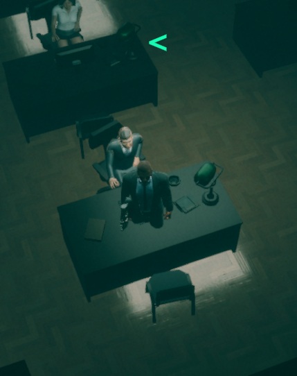 cybernoir character in police office, the protagonist of the game is glitched in to a desk, whilst two other game characters look on unimpressed