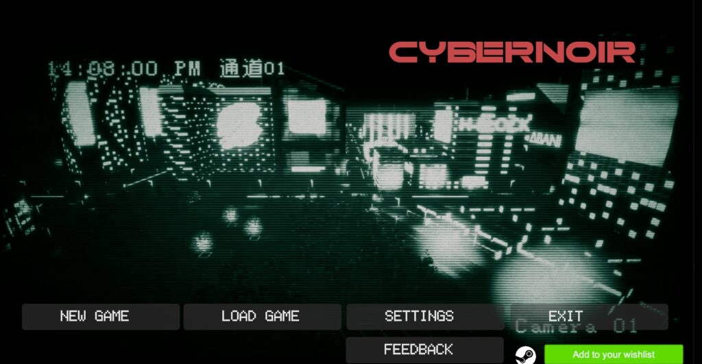cybernoir main menu, a classic cyberpunk skyscraper vista painted in black and green
