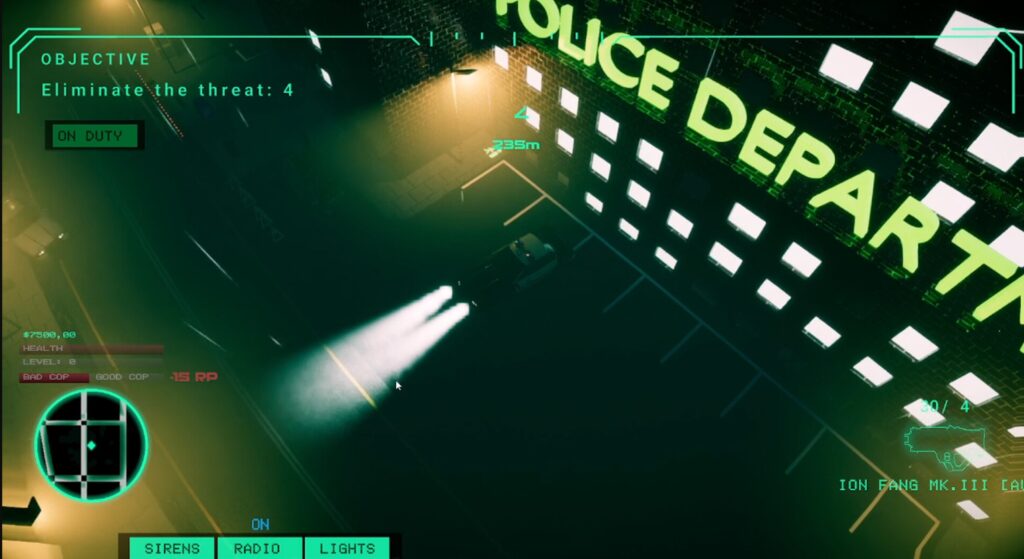 cybernoir: outside the starting area of the police station, a desolate parking lot with one car, headlights highlighting the issue of smog in the game