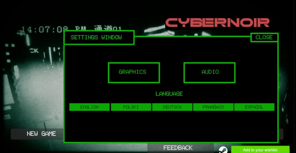 cybernoir settings menu, a very basic black and green menu with options for Language, Audio & Visual submenus