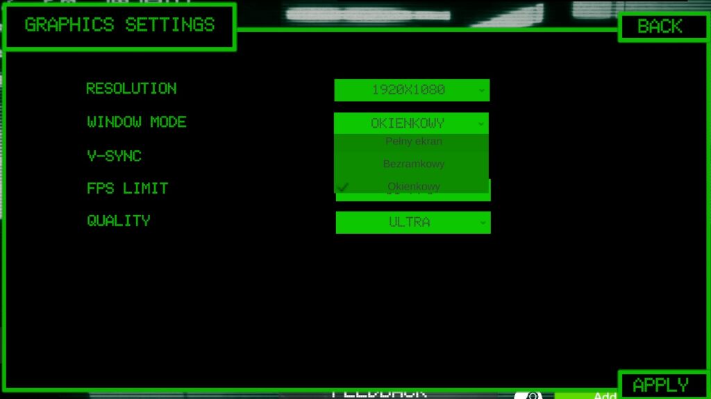 cybernoir graphics options, a standard green & black options menu, with some of it still in Polish, the Devs language. 