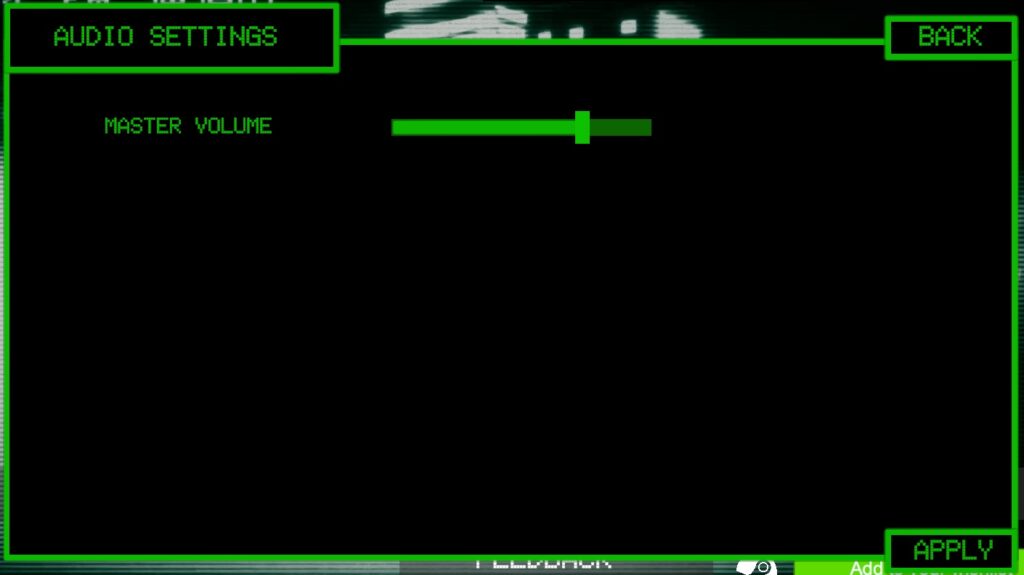 cybernoir volume settings, a standard black and green menu with a single sliding bar for al volume. in game. 