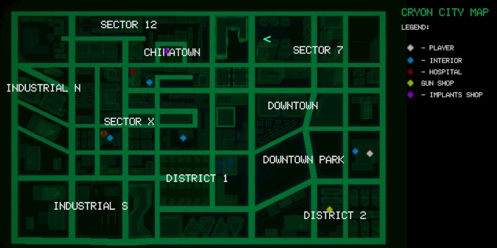 cybernoir open world map. a black image with green lines showing the gridwork streets of a very small city. 