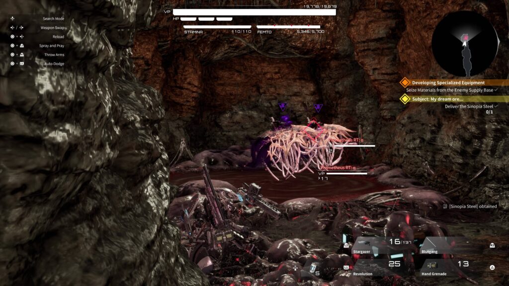 2 jellyfish looking fleshy creature in a cave with various meat looking externals in Daemon X Machina