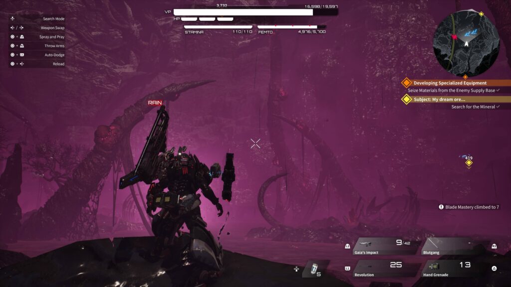 player stood in front of a swamp filled with fleshy looking vines with a purple camera lens in Daemon X Machina