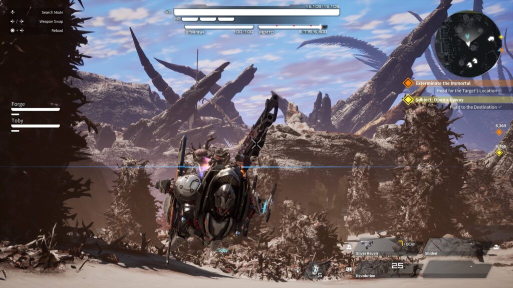 player flying through the air of the desert biome with large structure sticking out the ground in Daemon X Machina