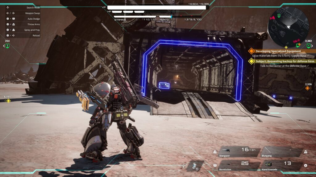 player in front of a explorable set of ruins in Daemon X Machina