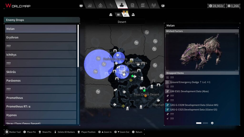 map of the desert showcasing enemy spawns and loot drops in Daemon X Machina