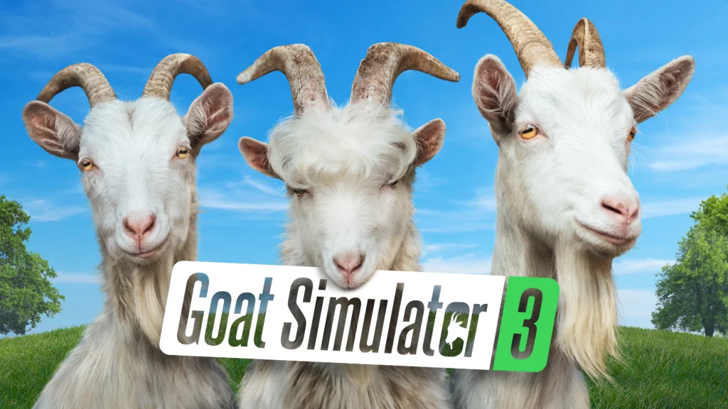 Goat Simulator 3 thumbnail - three goats look over the logo on PlayStation