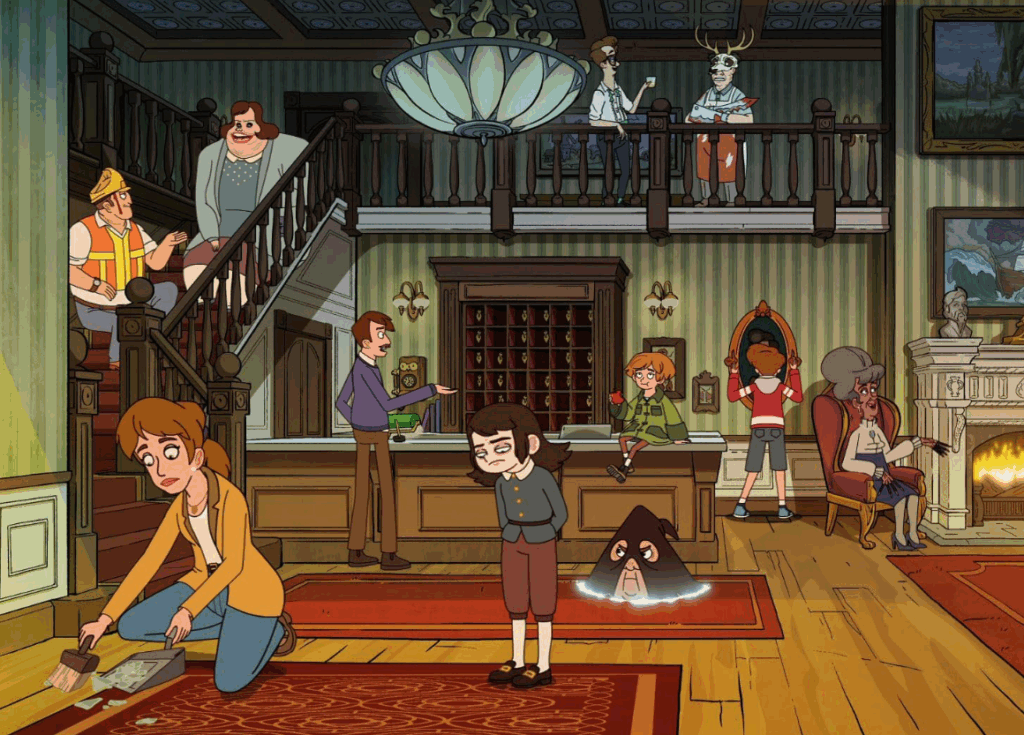haunted hotel - the cast hang out in the lobby as Katherine sweeps up broken glass
