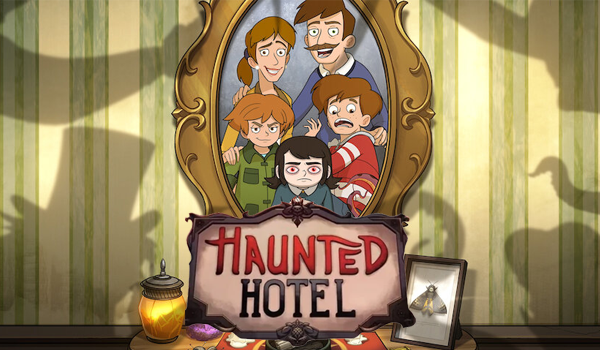 Haunted Hotel Thumbnail featuring the logo and characters in a magic mirror