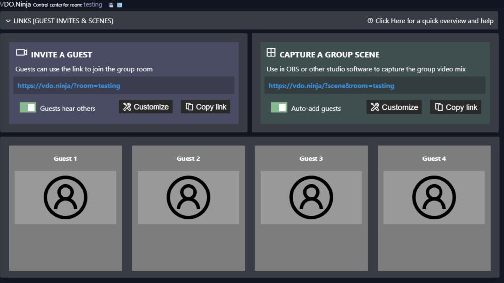 VDO-Ninja - A screenshot of the directors backend screen