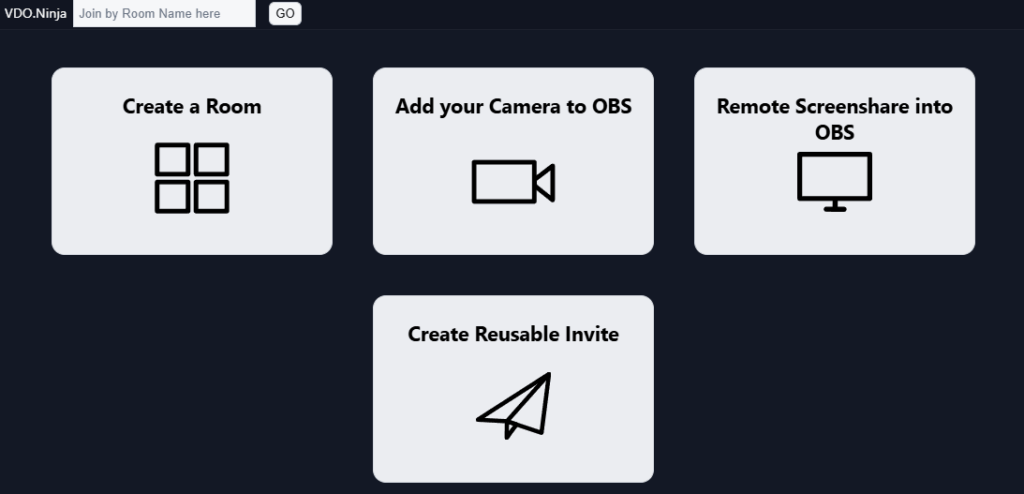 VDO-Ninja - a screen shot of VDO Ninja starting panels to create and join a room.