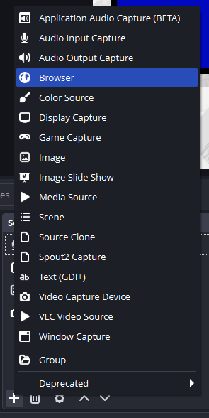 OBS add sources menu with all the possible sources you can add