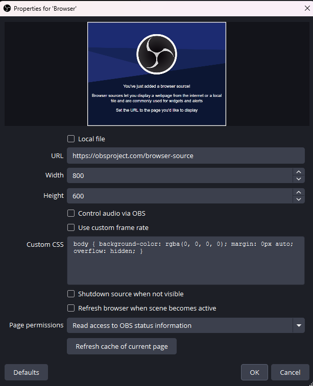 OBS Browser Source screen shot showing the different settings you can use