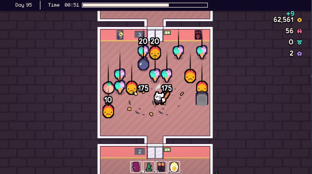 Shows gameplay of pinata go boom with a small cat jitting cartoon pinatas and gaining coins from it.