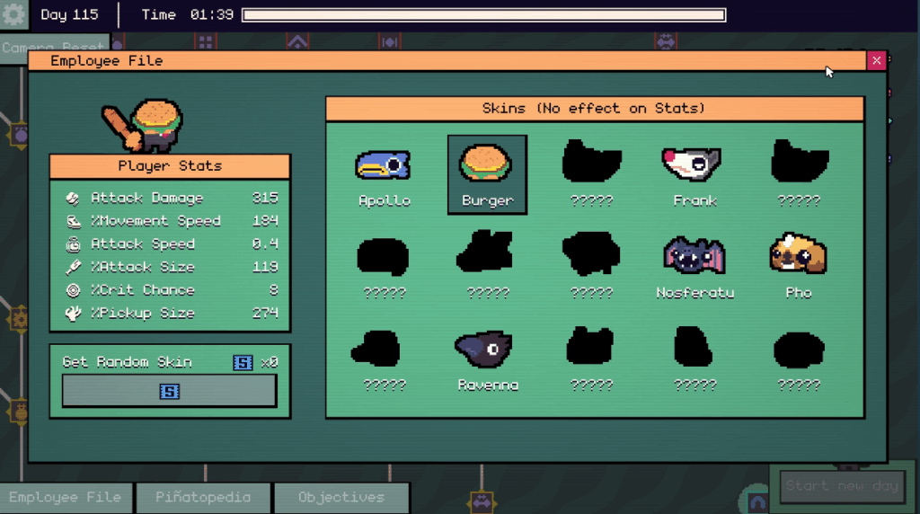 shows the ewmployee file from the game pinata go boom, it shows different skins you can have , including a burger and a bat.
