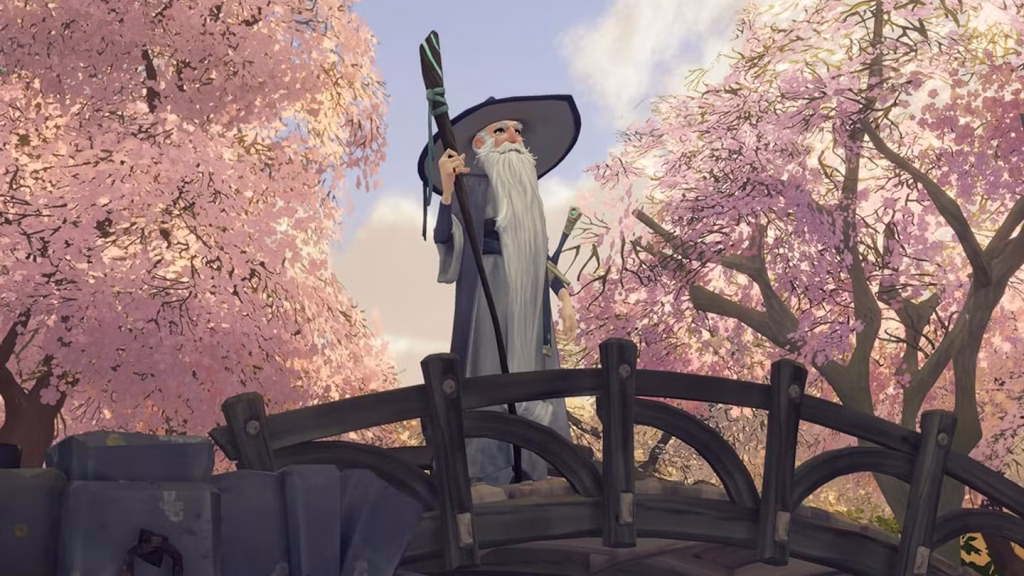 Tales of the Shire - Gandalf standing with pink blooms in the background - Cosy Games