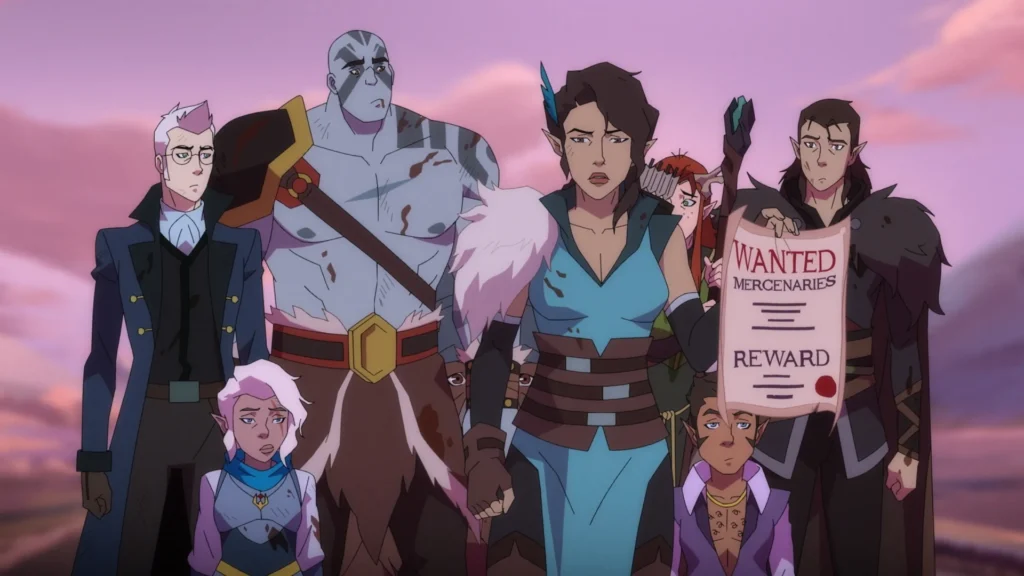 Vox Machina, left to right
Percival (Human), Pike (Gnome), Grog (Goliath), Vex'ahlia (Half-Elf), Keyleth (Air Ashari), Scanlan (Gnome), Vax'ildan (Half-Elf) - The Legend of Vox Machina