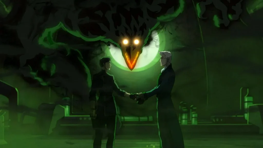 Percival shakes hands with Dr. Anna Ripley while the demon watches - The Legend of Vox Machina