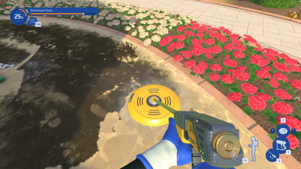 Using the floor swisher on paving by some flowerbeds. Powerwash Simulator 2