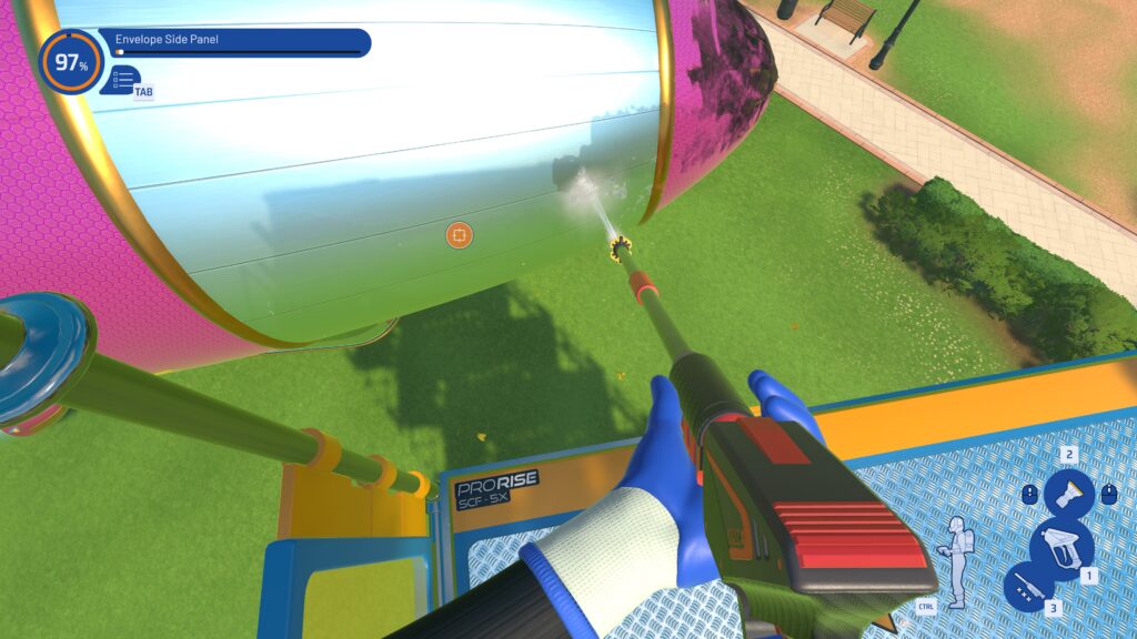 Powerwashing the side of a blimp while stood on tall scaffolding. The extra long attachment is on the power washer and a small orange target icon highlights an area left to be cleaned.
Powerwash Simulator 2