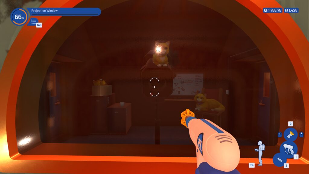 The cats Ulysses, Bubbles and Squeak all relaxing on the other side of glass in the theatre's projector room.
Powerwash Simulator 2