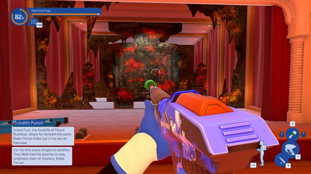 A dirty theatre set showing a cave. Text on the left side from the client outlines the plot of the game to this point.
Powerwash Simulator 2