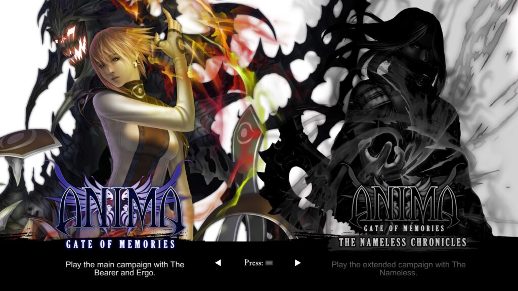 The opening screen for the game. Each of the 2 games is shown side by side to select which to play.
Anima Gate of Memories I & II Remaster.