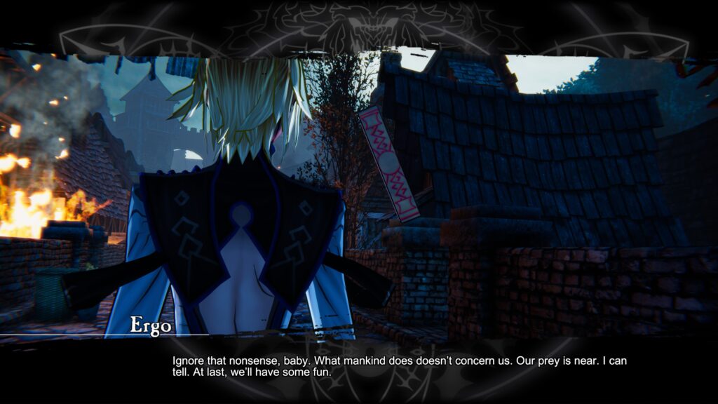 A segment of a cutscene in the game. The Bearer faces towards a ruined town in flames while Ergo speaks to her. Black bars at the top and bottom of the screen denote it being a cutscene and house the subtitles.
Anima Gate of Memories I & II Remaster.