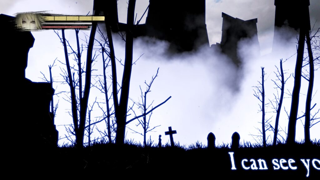 A black and grey 2D sidescrolling section, with creepy text along the bottom of the screen. This take place in a graveyard with gravestones in the foreground and the silhouette of a town in the background.
Anima Gate of Memories I & II Remaster.