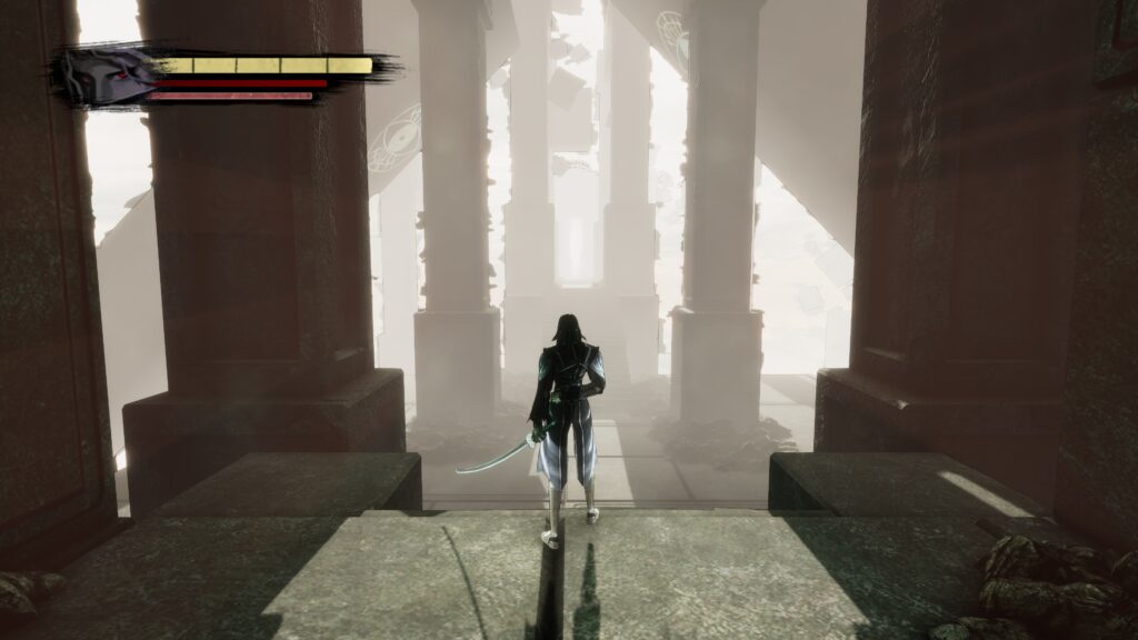 The Nameless stands before an eerie subspace called nowhere. Strange stone structures are seen surrounded by a white void.
Anima Gate of Memories I & II Remaster.