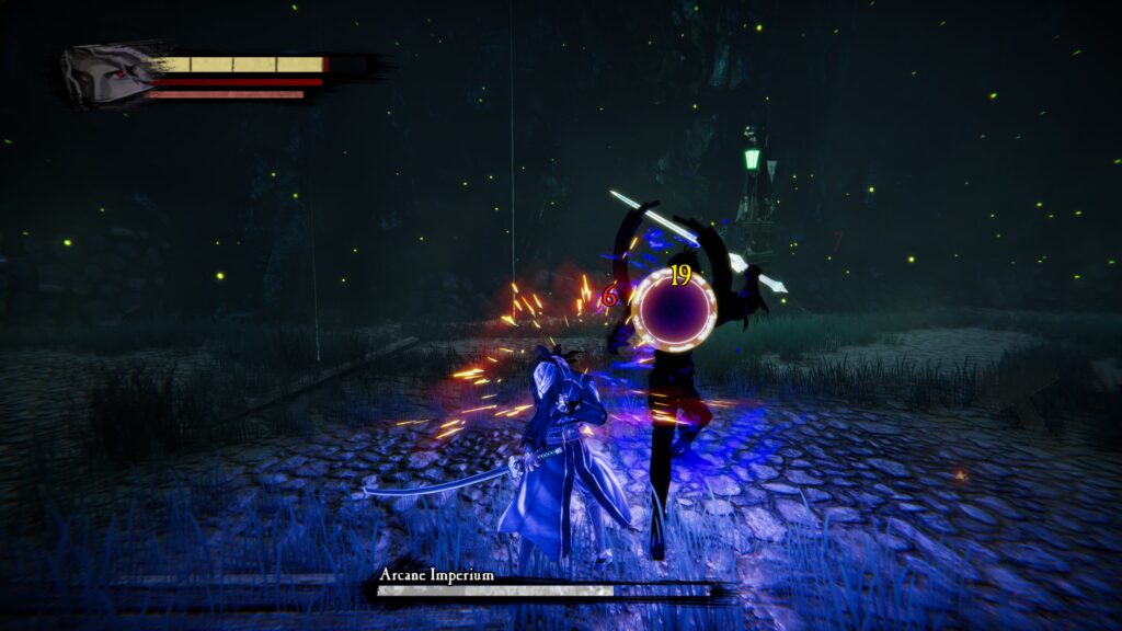 Playing as The Nameless fighting against a mini-boss called Arcane Imperium with a health bar along the bottom of the screen. A lock-on circle is shown at the enemies midriff.
Anima Gate of Memories I & II Remaster.