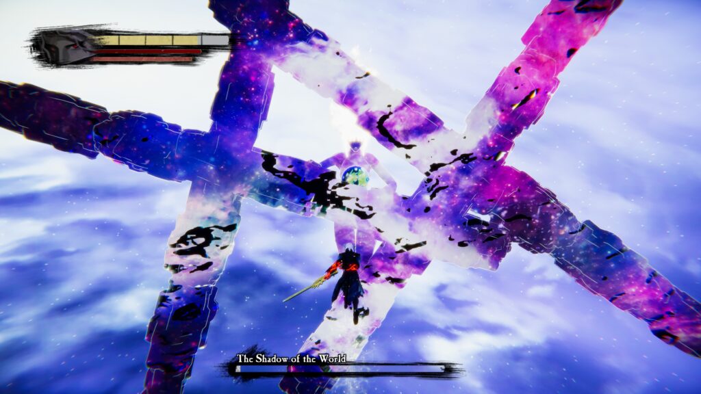 The Nameless is in a starry void running towards a towering figure shooting at him. The boss health bar at the bottom is close to empty.
Anima Gate of Memories I & II Remaster.