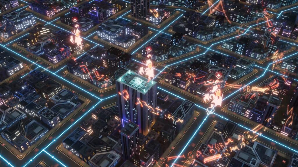 An overview of the strategy aspect of the game, showing an isometric cityscape with enemy models among the buildings.
Ultragirl Alters, 2025