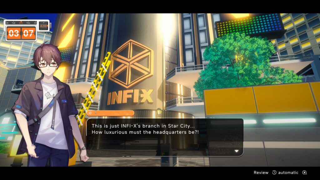 A simple background of the protagonist's office building. A full art model of the protagonist is shown with a text box of his inner dialogue.
Ultragirl Alters, 2025
