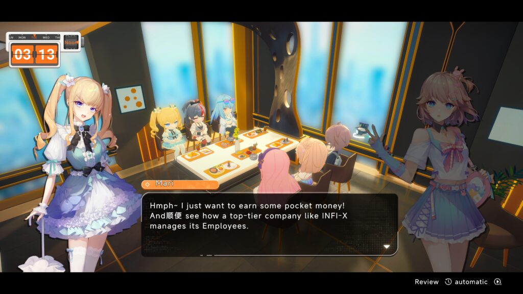 The chibi character models all sat at a canteen table for lunch with 2 full character models on screen. The text box shows Japanese text mixed in with the English dialogue.
Ultragirl Alters, 2025