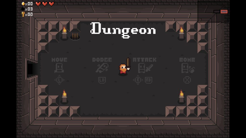The very first room of the dungeon, with the floor showing the controls for movement, dodging, attacking, and bombs. The top left of the screen shows the map of the current floor and the top right shows health, bomb, and key levels.
Rogue Melee, 2025