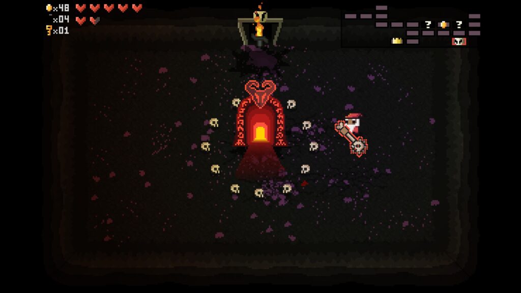 A portal with a demon's face abovee it, surrounded by a circle of skulls in the dungeon. The top right of the screen shows a map of the current floor and the top left shows health, key, and bomb levels.
Rogue Melee, 2025