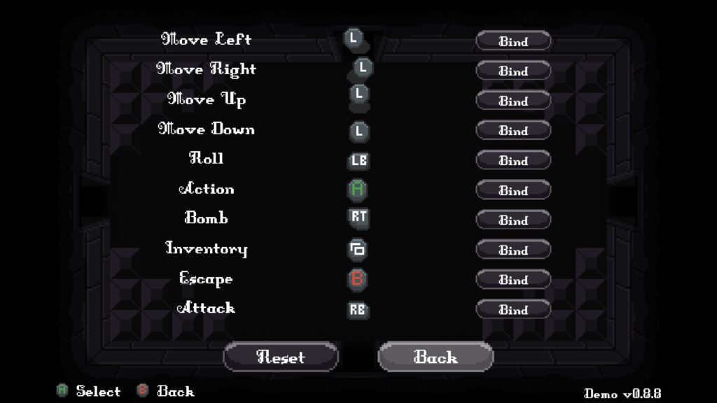An options menu showing the different key-bindings for controllers. Presented in a pixelated gothic style.
Rogue Melee, 2025