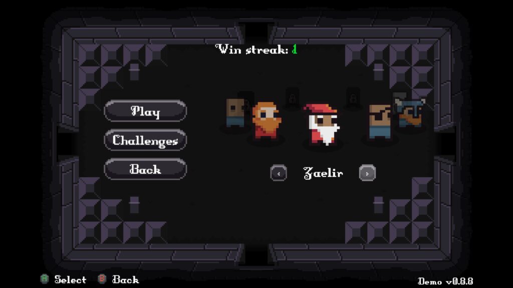 The character select and game start screen, currently showing a red robed old man with a white beard. The options play, challenges, and back are also shown.
Rogue Melee, 2025