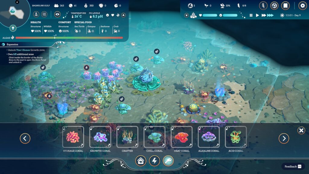 Life Below - a view of the game screen with seven different corals you can plant to help your ecosystem