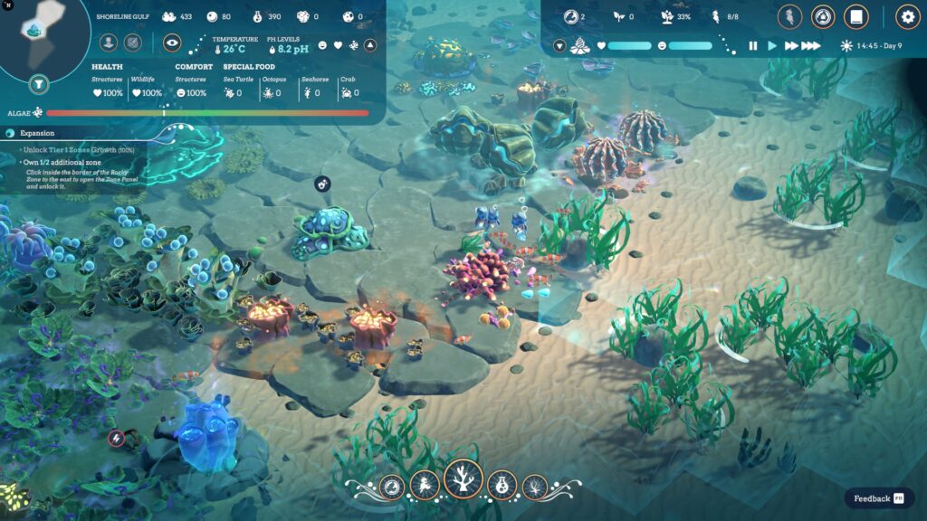 Life Below - a view of the game screen showing different coral and resource points with three tiny spirtes in the middle