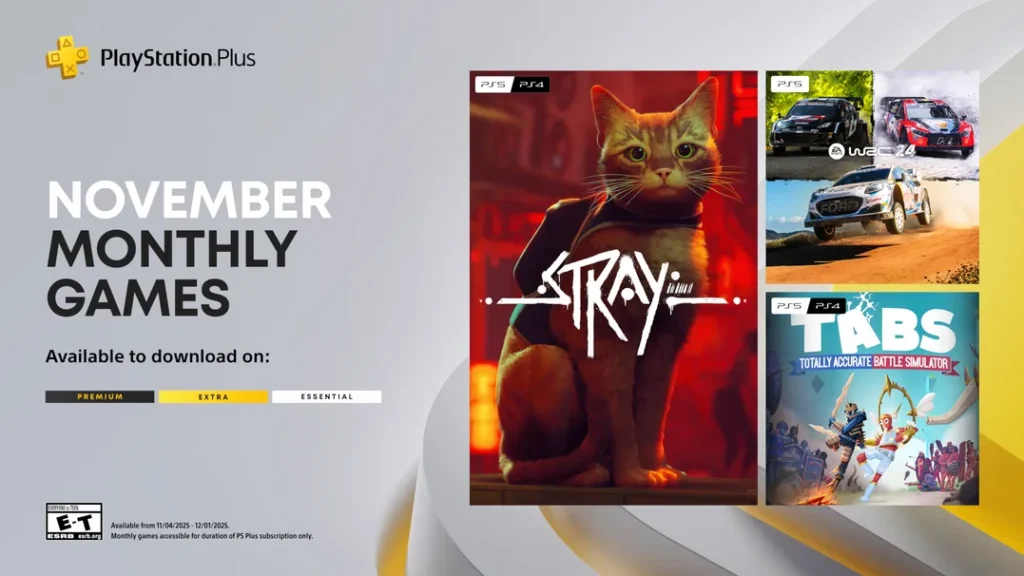 PlayStation plus November games showing Stray, Totally Accurate Battle Simulator and EA Sports WAC 24.