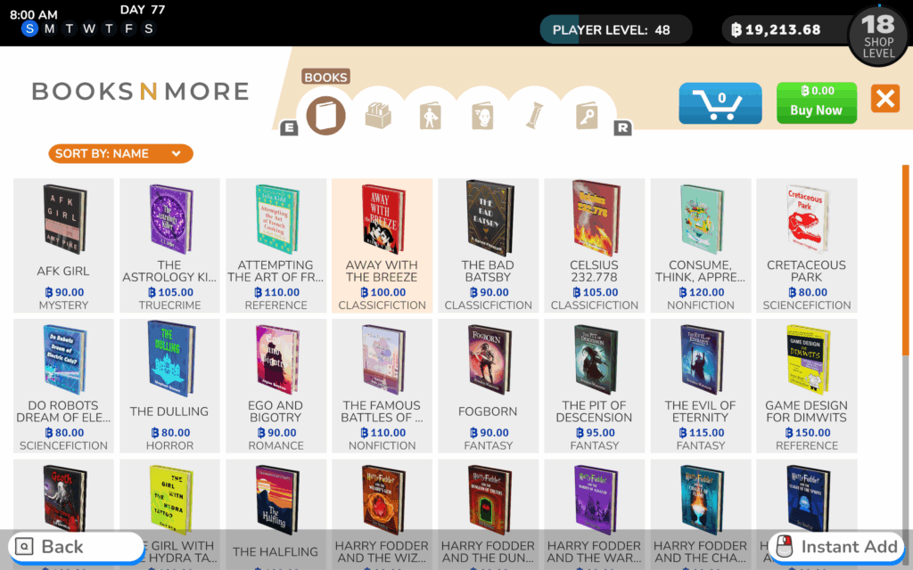 A view of the page on the tablet within Bookshop Simulator that allows you to purchase books
