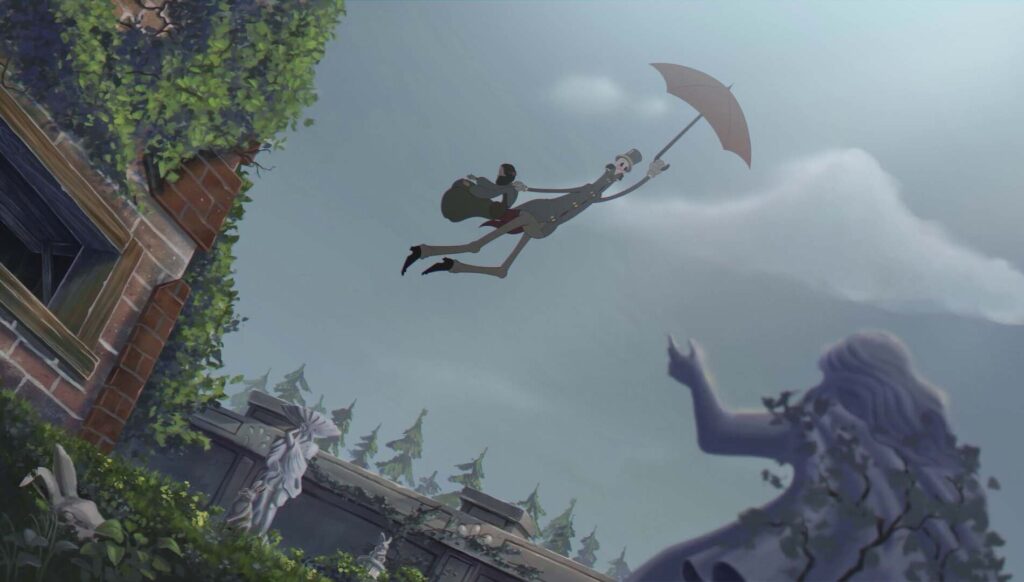 lana from bye sweet carole being carried away similar to an inmage of mary poppins. 