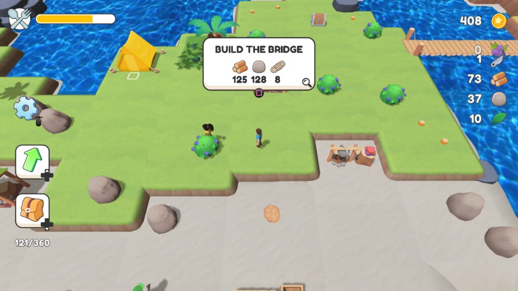 My Tiny Island - a top down view of the island with simple graphics and a prompt to build a bridge