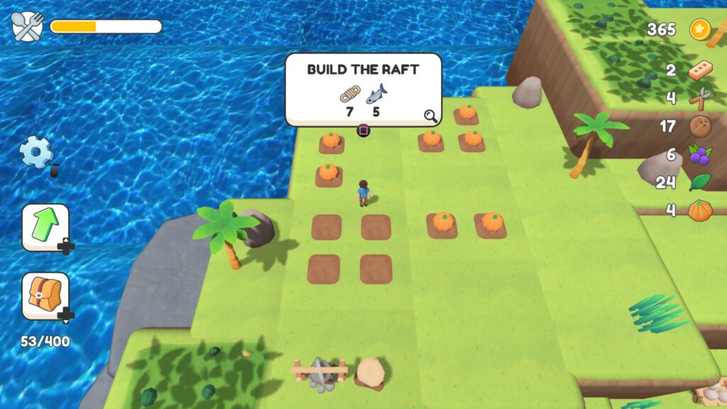 My Tiny Island - a top down view of the island with simple graphics, the character is in a field of pumpkins and a prompt to build the raft