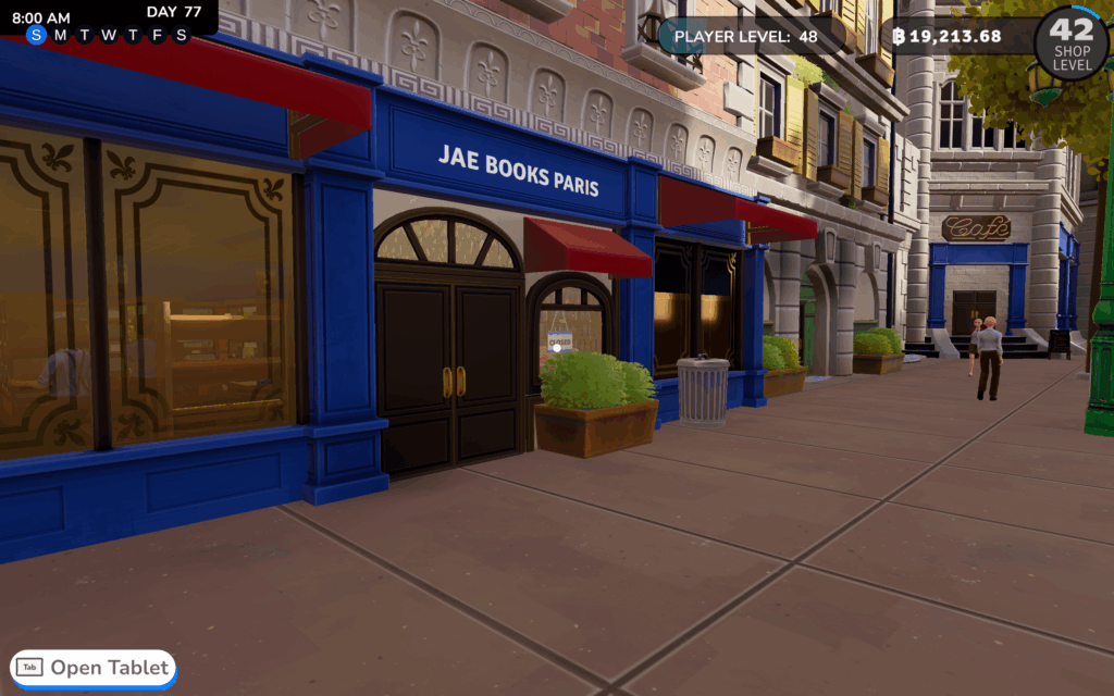 A view of the outside of the Paris store in Bookshop Simulator with a shop sign saying Jae Books Paris