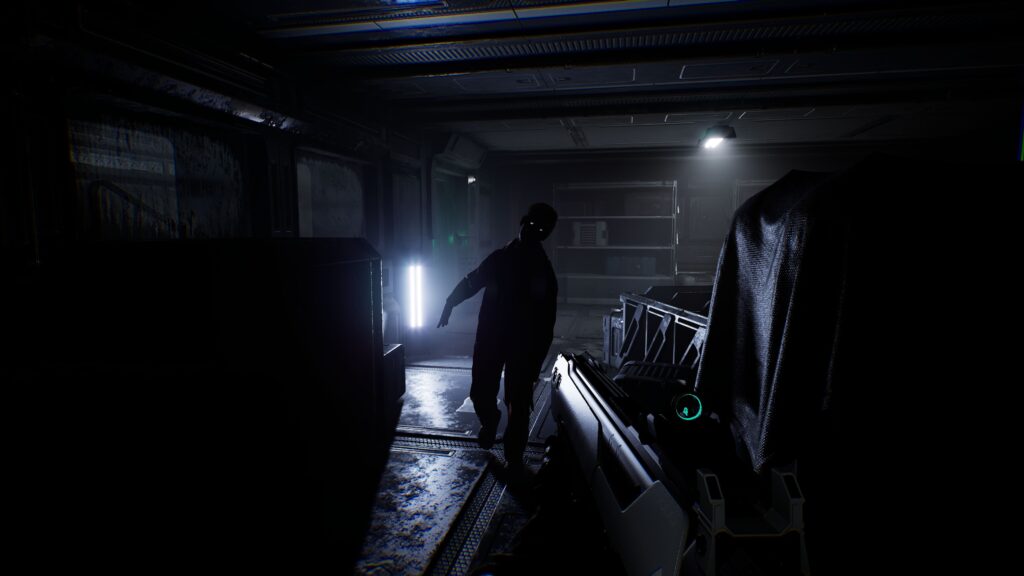 Species: Unknown - a resurrected crew member in a zombie like state approches the player who is weilding a shotgun